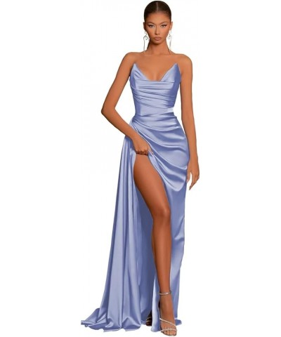 Women's V Neck Prom Dress Stretch Satin Pleated Long Formal Evening Party Gowns with Slit Bridesmaid Dress Sky Blue $40.24 Dr...