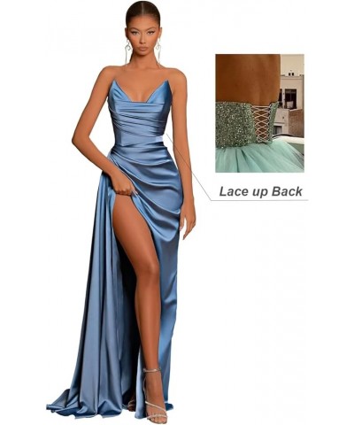 Women's V Neck Prom Dress Stretch Satin Pleated Long Formal Evening Party Gowns with Slit Bridesmaid Dress Sky Blue $40.24 Dr...