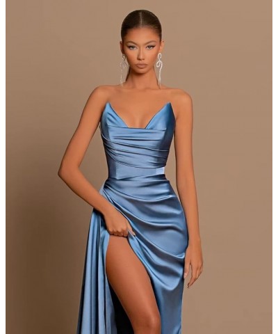 Women's V Neck Prom Dress Stretch Satin Pleated Long Formal Evening Party Gowns with Slit Bridesmaid Dress Sky Blue $40.24 Dr...