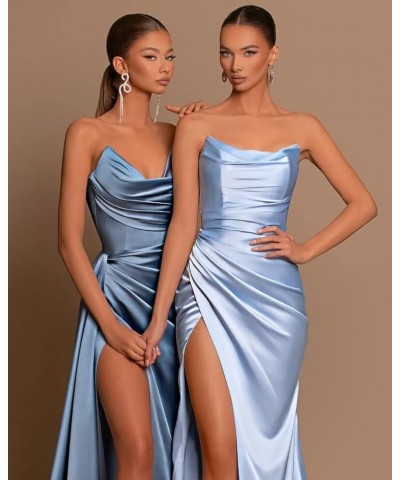 Women's V Neck Prom Dress Stretch Satin Pleated Long Formal Evening Party Gowns with Slit Bridesmaid Dress Sky Blue $40.24 Dr...