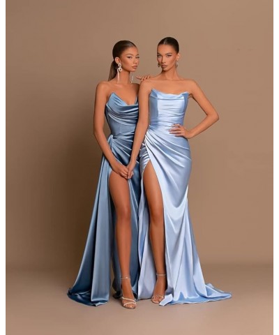 Women's V Neck Prom Dress Stretch Satin Pleated Long Formal Evening Party Gowns with Slit Bridesmaid Dress Sky Blue $40.24 Dr...