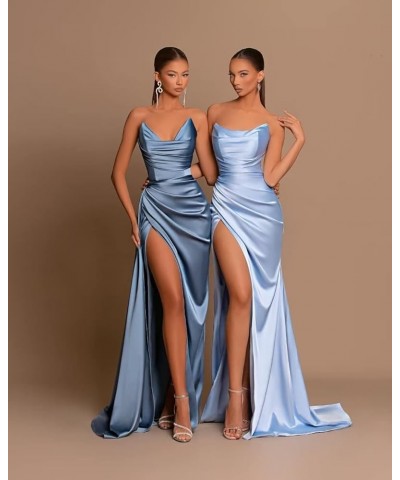 Women's V Neck Prom Dress Stretch Satin Pleated Long Formal Evening Party Gowns with Slit Bridesmaid Dress Sky Blue $40.24 Dr...