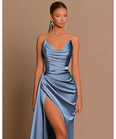 Women's V Neck Prom Dress Stretch Satin Pleated Long Formal Evening Party Gowns with Slit Bridesmaid Dress Sky Blue $40.24 Dr...