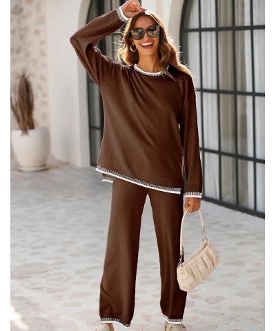 Women's 2 Piece Outfits Sweater Sets Knitted Pullover Tops Wide Leg Tracksuits Lounge Sets Darkbrown $24.99 Activewear