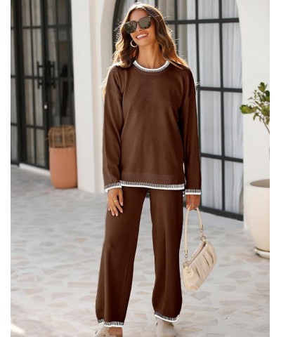 Women's 2 Piece Outfits Sweater Sets Knitted Pullover Tops Wide Leg Tracksuits Lounge Sets Darkbrown $24.99 Activewear