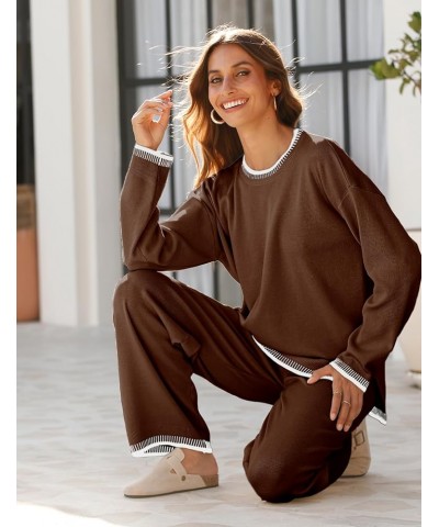 Women's 2 Piece Outfits Sweater Sets Knitted Pullover Tops Wide Leg Tracksuits Lounge Sets Darkbrown $24.99 Activewear