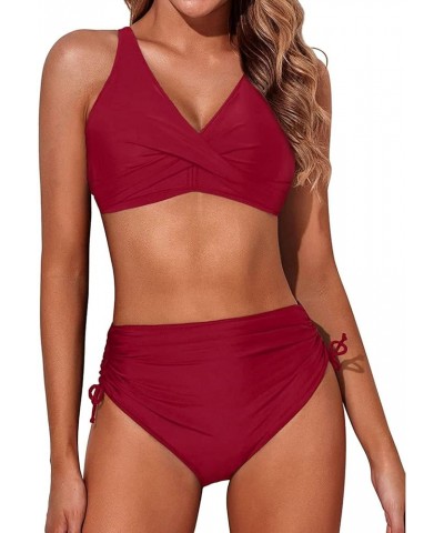 Women High Waisted Bikini Twist Front Swimsuits Lace up Bikini Tops Ruched Push up 2 Piece Bathing Suits Red $17.35 Swimsuits