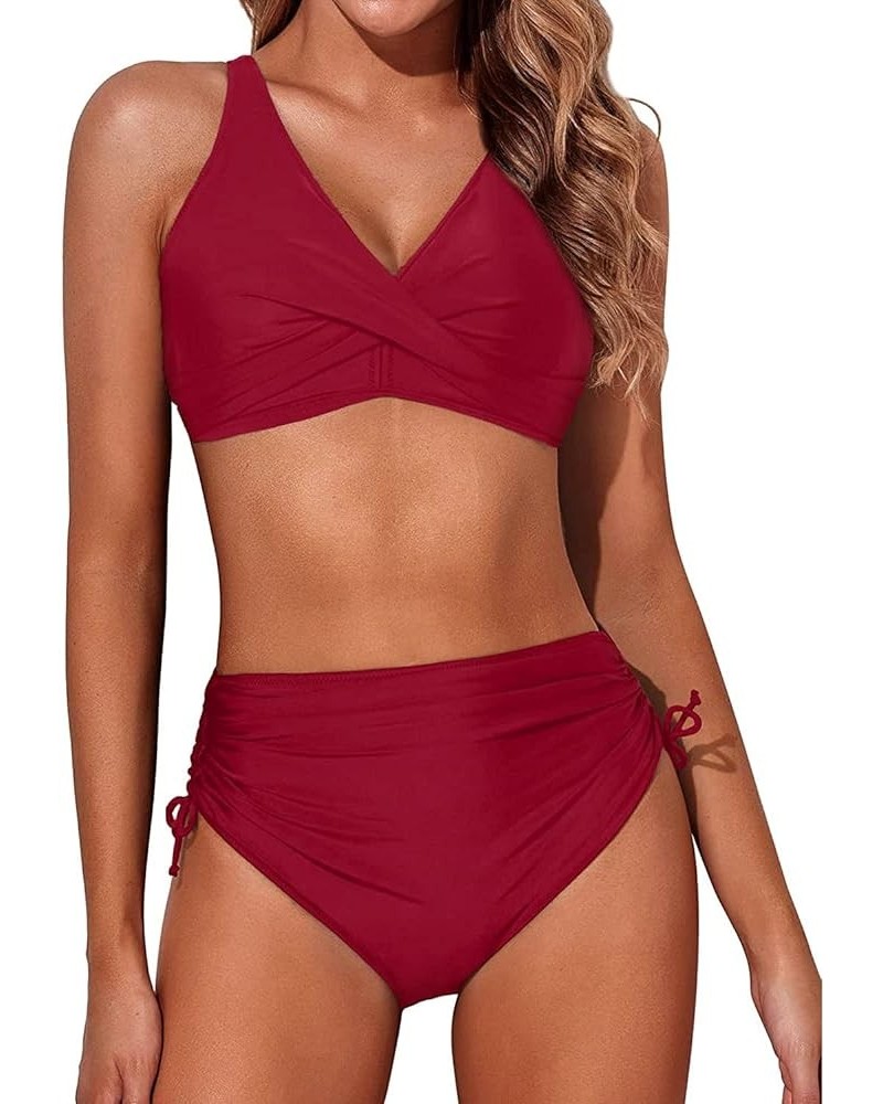 Women High Waisted Bikini Twist Front Swimsuits Lace up Bikini Tops Ruched Push up 2 Piece Bathing Suits Red $17.35 Swimsuits