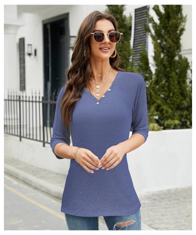 Womens Henley Shirt Buttons Decor 3 4 Sleeve Tunic Tops Blouses for Women Blue $7.94 Tops