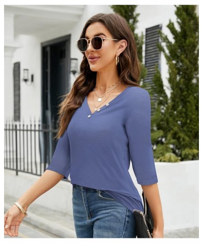 Womens Henley Shirt Buttons Decor 3 4 Sleeve Tunic Tops Blouses for Women Blue $7.94 Tops