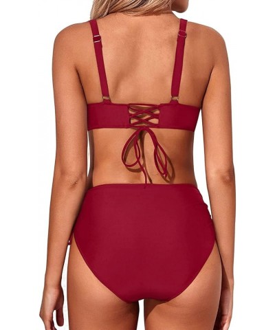 Women High Waisted Bikini Twist Front Swimsuits Lace up Bikini Tops Ruched Push up 2 Piece Bathing Suits Red $17.35 Swimsuits