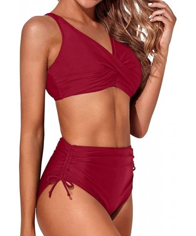 Women High Waisted Bikini Twist Front Swimsuits Lace up Bikini Tops Ruched Push up 2 Piece Bathing Suits Red $17.35 Swimsuits