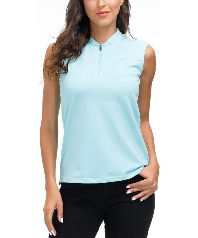 Women's Quarter Zip Quick Dry Lightweight Sleeveless Golf Polo Shirts Light Blue $12.50 Activewear