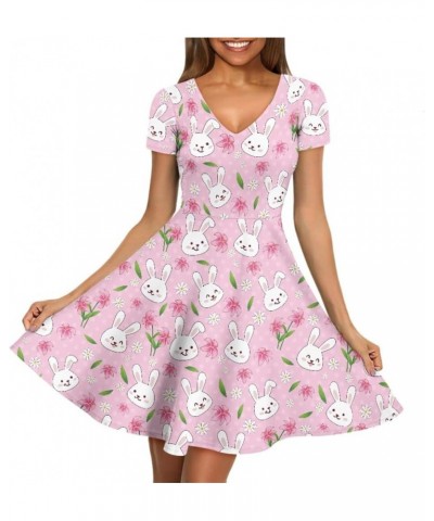 Women's Casual 3D Print V-Neck Short Sleeve Loose Flowy Swing Van Gogh Dress Pink Easter Bunny Flower $15.00 Dresses