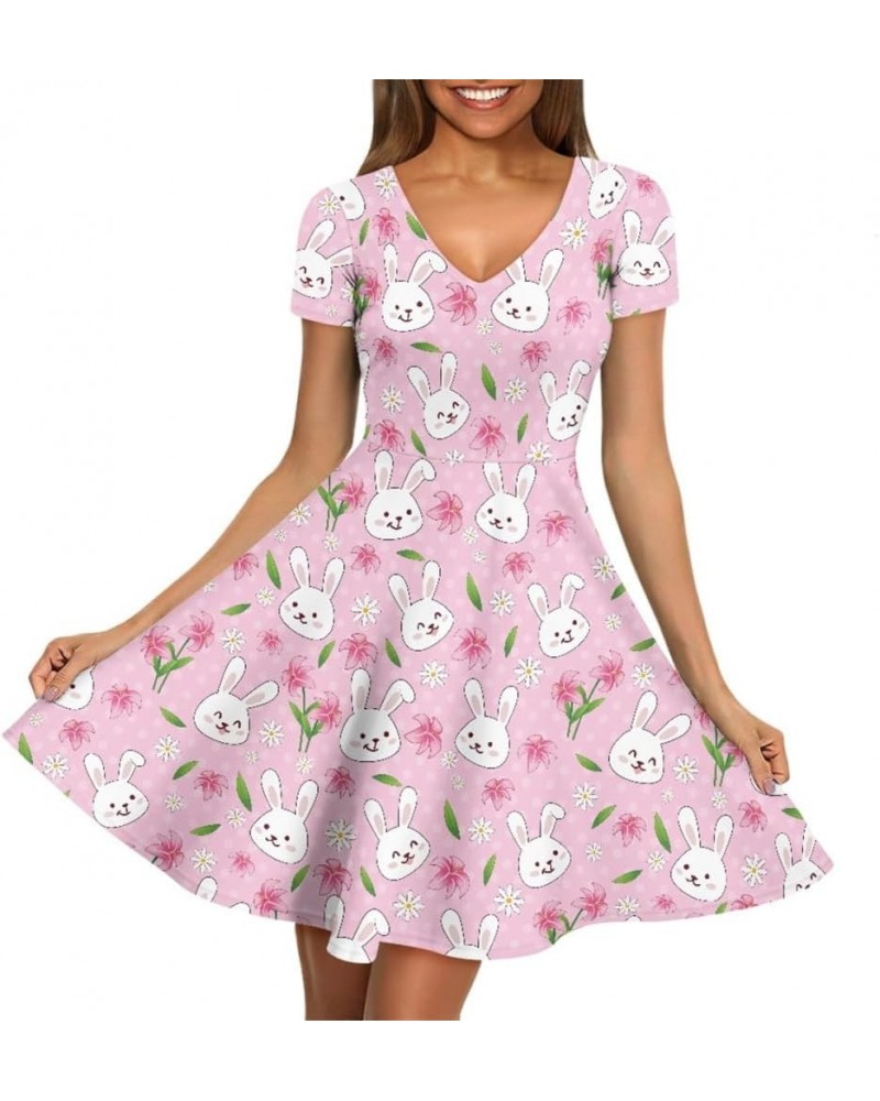 Women's Casual 3D Print V-Neck Short Sleeve Loose Flowy Swing Van Gogh Dress Pink Easter Bunny Flower $15.00 Dresses