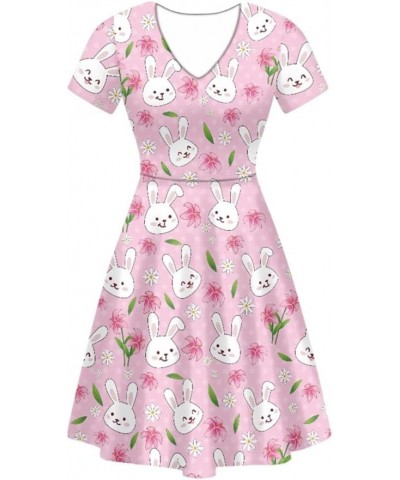 Women's Casual 3D Print V-Neck Short Sleeve Loose Flowy Swing Van Gogh Dress Pink Easter Bunny Flower $15.00 Dresses