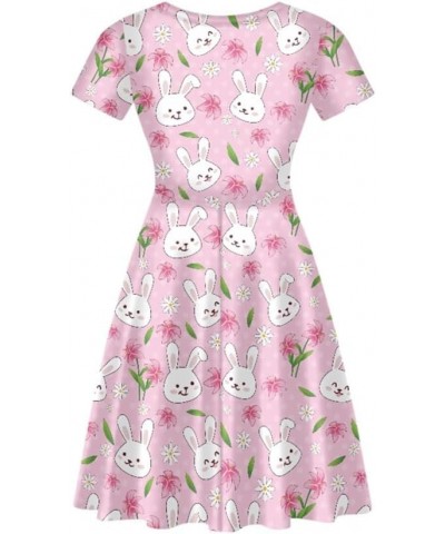 Women's Casual 3D Print V-Neck Short Sleeve Loose Flowy Swing Van Gogh Dress Pink Easter Bunny Flower $15.00 Dresses