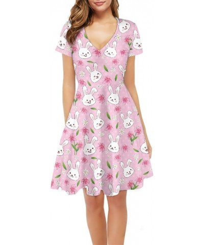 Women's Casual 3D Print V-Neck Short Sleeve Loose Flowy Swing Van Gogh Dress Pink Easter Bunny Flower $15.00 Dresses