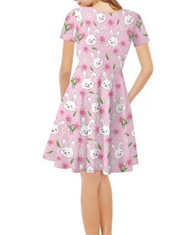 Women's Casual 3D Print V-Neck Short Sleeve Loose Flowy Swing Van Gogh Dress Pink Easter Bunny Flower $15.00 Dresses