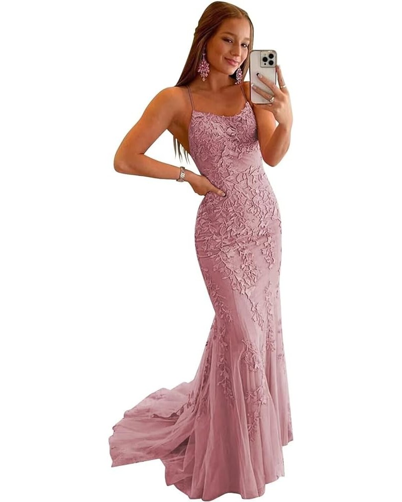 Lace Mermaid Prom Dresses Long 2024 Women Spaghetti Straps Corset Tulle Formal Evening Party Gown Dusty Rose $32.00 Dresses