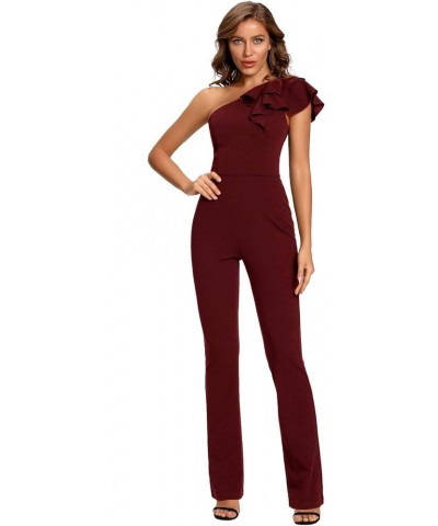 Women's Elegant Casual Sleeveless Ruffle One Shoulder High Waist Long Jumpsuit Burgundy $20.40 Jumpsuits