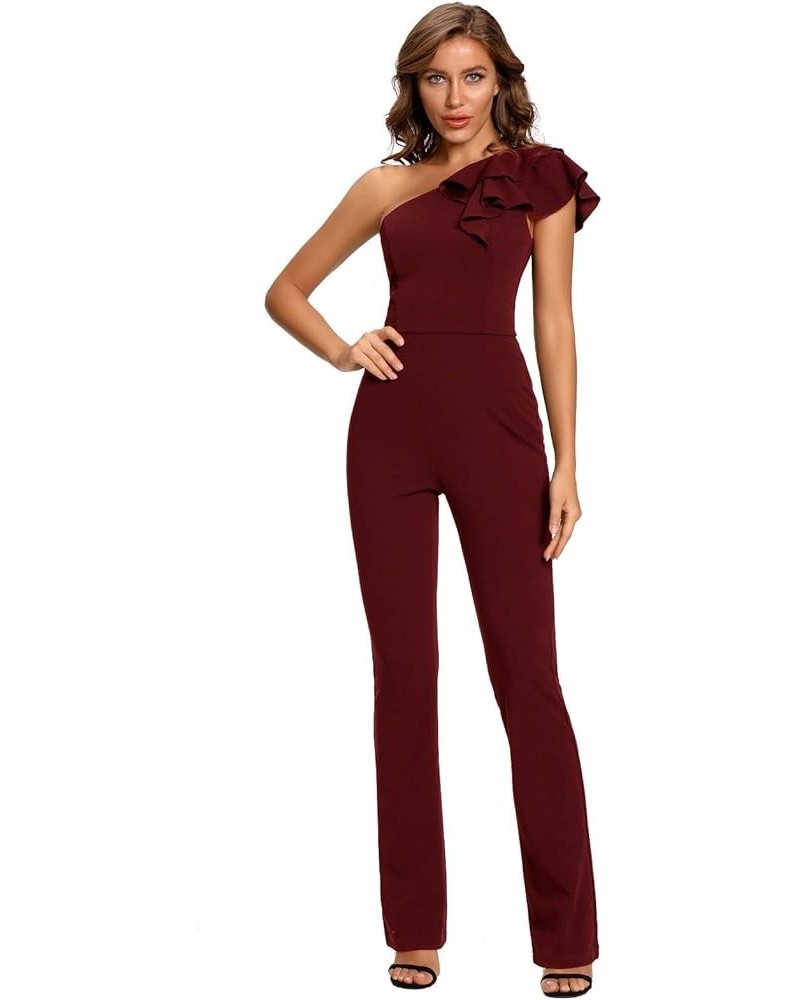 Women's Elegant Casual Sleeveless Ruffle One Shoulder High Waist Long Jumpsuit Burgundy $20.40 Jumpsuits