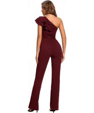 Women's Elegant Casual Sleeveless Ruffle One Shoulder High Waist Long Jumpsuit Burgundy $20.40 Jumpsuits