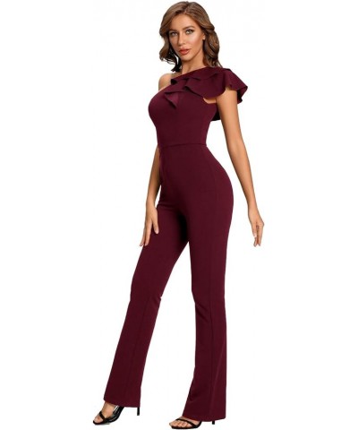 Women's Elegant Casual Sleeveless Ruffle One Shoulder High Waist Long Jumpsuit Burgundy $20.40 Jumpsuits