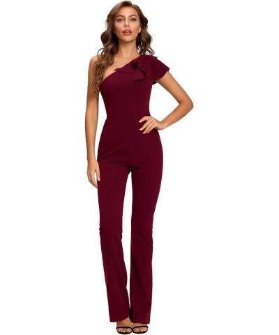 Women's Elegant Casual Sleeveless Ruffle One Shoulder High Waist Long Jumpsuit Burgundy $20.40 Jumpsuits