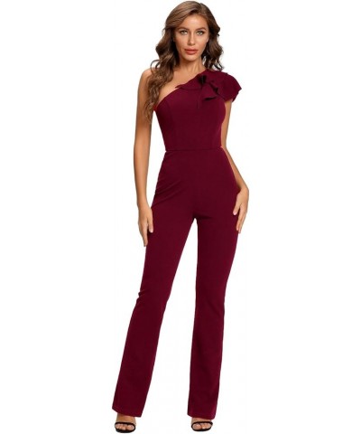 Women's Elegant Casual Sleeveless Ruffle One Shoulder High Waist Long Jumpsuit Burgundy $20.40 Jumpsuits