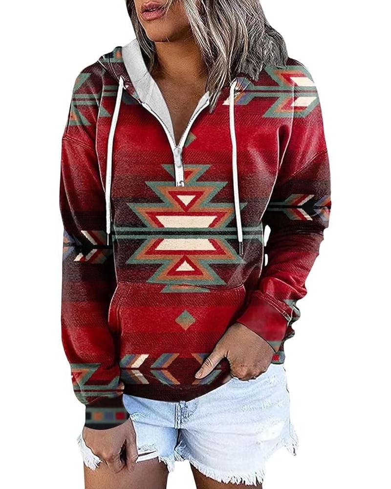 Women's Aztec Half Zip Hoodie Western Ethnic Hoodies Sweatshirt Long Sleeve Pullover Cowgirl Hoodie Casual Tops Aztec Red $17...