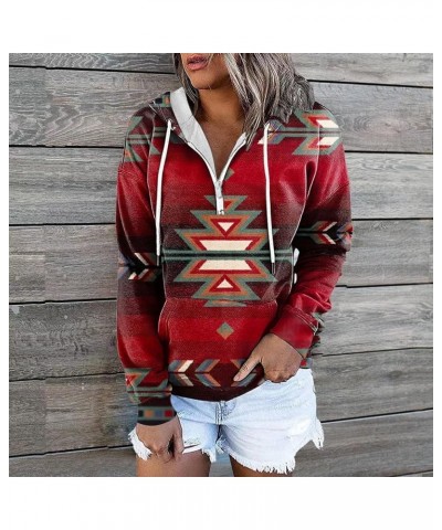 Women's Aztec Half Zip Hoodie Western Ethnic Hoodies Sweatshirt Long Sleeve Pullover Cowgirl Hoodie Casual Tops Aztec Red $17...