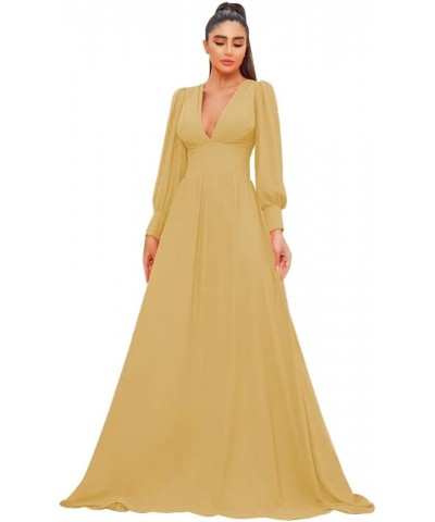 Long Sleeve Chiffon Prom Dresses V Neck Formal Dresses for Party A Line Ball Gown Gold $36.26 Dresses