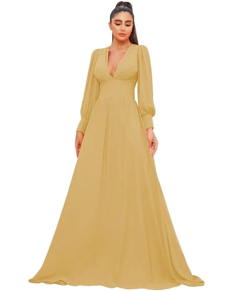 Long Sleeve Chiffon Prom Dresses V Neck Formal Dresses for Party A Line Ball Gown Gold $36.26 Dresses