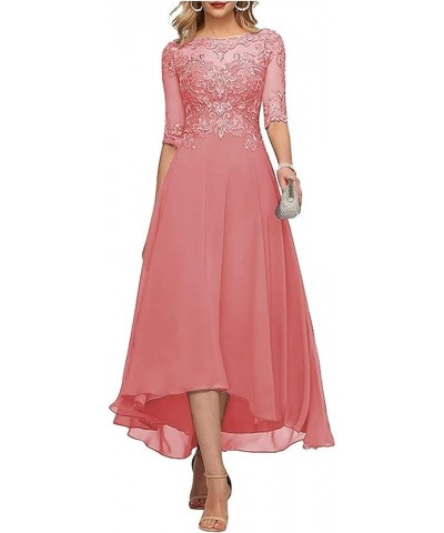 Lace Appliques Mother of The Bride Dresses A line 3/4 Sleeves Tea Length Chiffon Formal Wedding Party Prom Gowns CM245 Coral ...