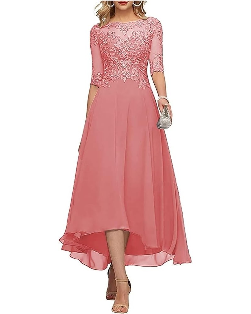 Lace Appliques Mother of The Bride Dresses A line 3/4 Sleeves Tea Length Chiffon Formal Wedding Party Prom Gowns CM245 Coral ...