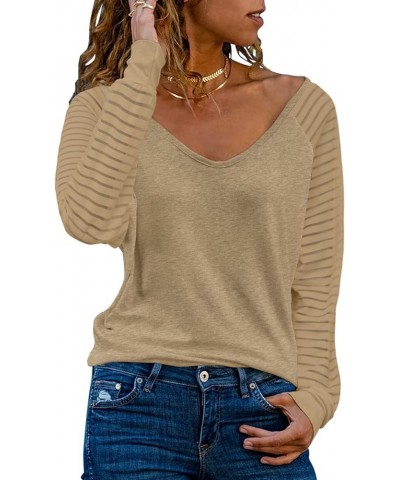 Women V Neck Long Sleeve Tunic Tops Patchwork Sheer Sleeve Casual Loose Blouses Khaki $14.35 Tops