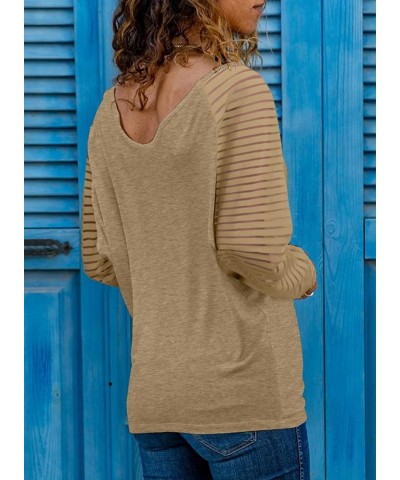 Women V Neck Long Sleeve Tunic Tops Patchwork Sheer Sleeve Casual Loose Blouses Khaki $14.35 Tops