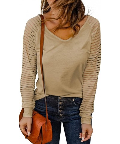 Women V Neck Long Sleeve Tunic Tops Patchwork Sheer Sleeve Casual Loose Blouses Khaki $14.35 Tops