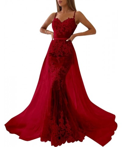 Mermaid Prom Dresses with Detachable Tulle Train for Women Spaghetti Strap Lace Evening Gowns Burgundy $48.44 Dresses