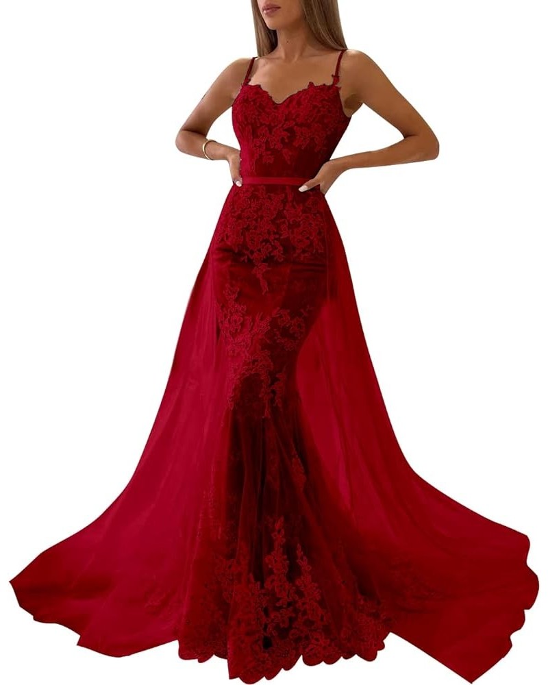 Mermaid Prom Dresses with Detachable Tulle Train for Women Spaghetti Strap Lace Evening Gowns Burgundy $48.44 Dresses