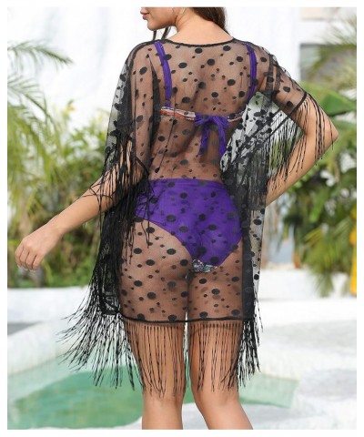 Women Bikini Cover Up Tassels Chiffon Swimwear Summer Beach Coverup Polka Dot Black $6.88 Swimsuits