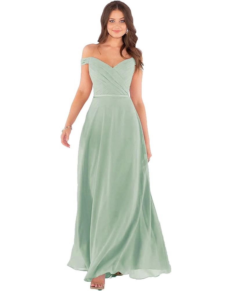 Women's Off Shoulder Bridesmaid Dresses Long Chiffon Formal Wedding Prom Evening Gown Sage Green $28.70 Dresses