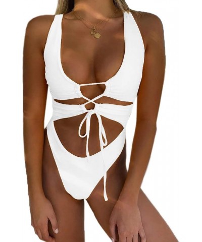 Women's Sexy Cutout Lace Up Backless High Cut One Piece Swimsuit Monokini White $19.07 Swimsuits