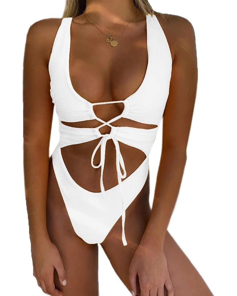 Women's Sexy Cutout Lace Up Backless High Cut One Piece Swimsuit Monokini White $19.07 Swimsuits