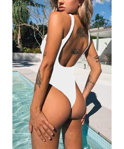 Women's Sexy Cutout Lace Up Backless High Cut One Piece Swimsuit Monokini White $19.07 Swimsuits