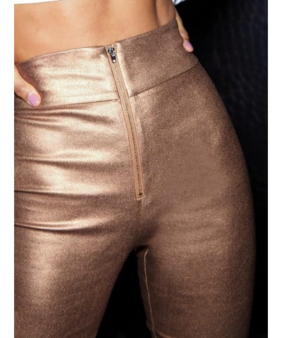 Women's Metallic Faux Leather High Waisted Zipper Front Skinny Pants Leggings Bronze $18.06 Leggings