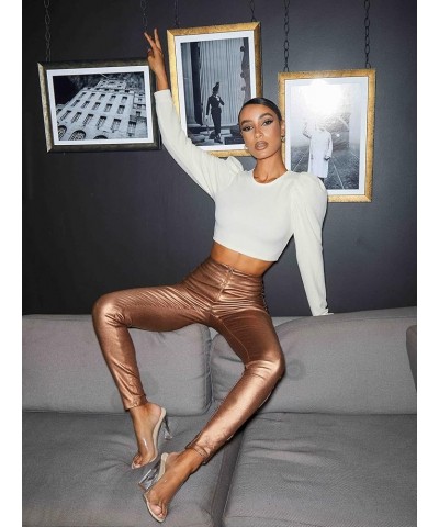 Women's Metallic Faux Leather High Waisted Zipper Front Skinny Pants Leggings Bronze $18.06 Leggings