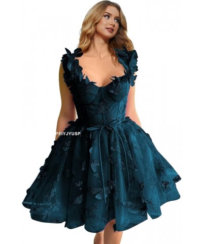 Womens Tulle Short Prom Dress 3D Butterflies Homecoming Dresses Lace Appliques Spaghetti Strap Cocktail Party Gowns Peacock $...