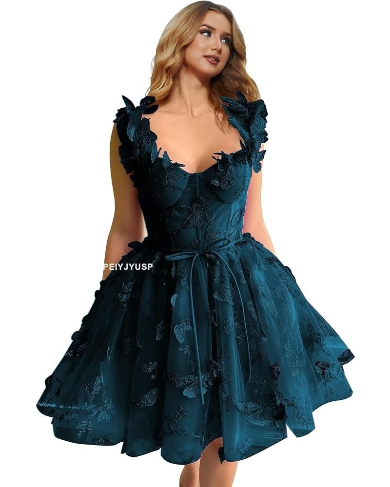 Womens Tulle Short Prom Dress 3D Butterflies Homecoming Dresses Lace Appliques Spaghetti Strap Cocktail Party Gowns Peacock $...